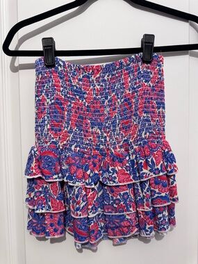 Olivaceous Pink and Blue Floral Ruffled Mini Skirt